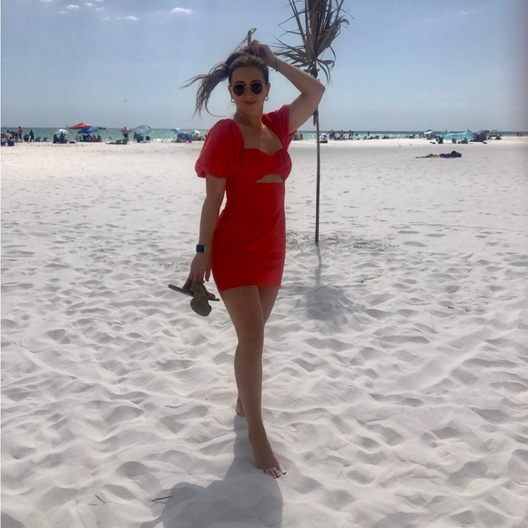 Puff Sleeve Mini Dress Coral Orange - Picture 2 of 5